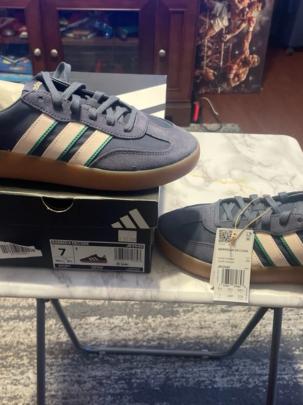 adidas Barreda Decode Sneaker in Gray with White Stripes and Green Accents
